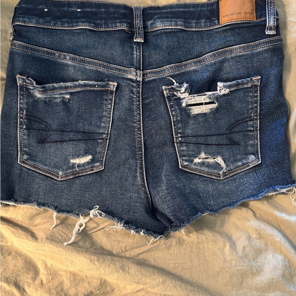 American Eagle Outfitters Dark Blue Distressed Denim Shorts - Picture 2 of 4